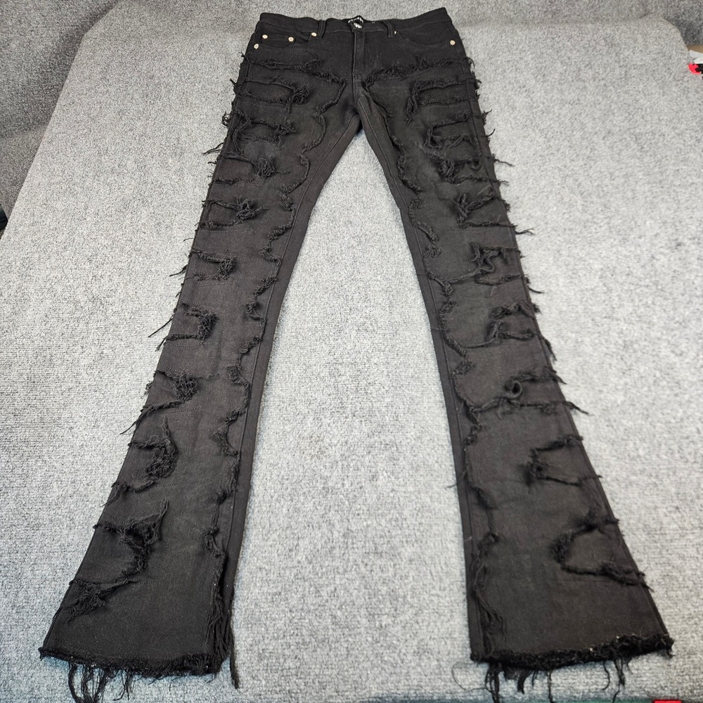 Guapi Mens Distressed Shredded Denim Jeans Black Streetwear Size 30 Distressed